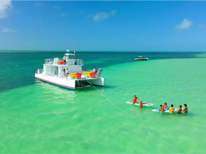 a catamaran yacht on a sandbar with people in the water